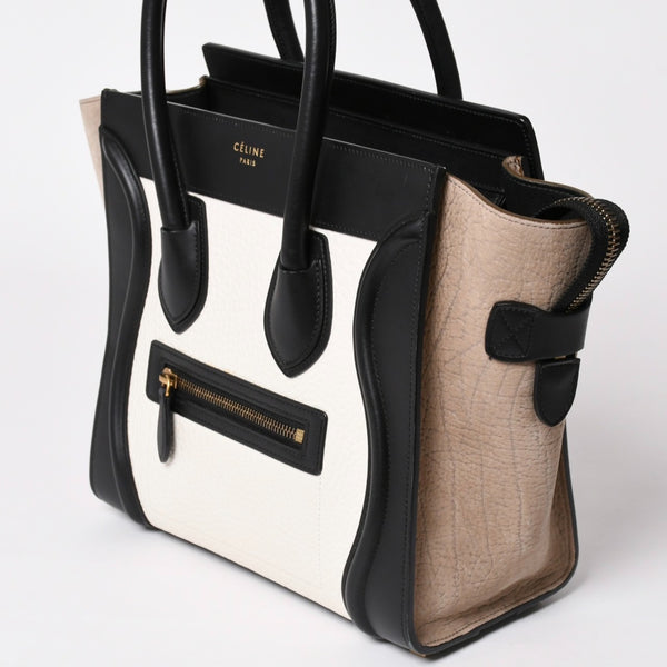 極美品 CELINE セリーヌ ラゲージマイクロショッパー ショルダーバッグ ハンドバッグ トリコロール カーフスキン スエード ヌバック ゴールド金具 廃盤 中古 4a002941