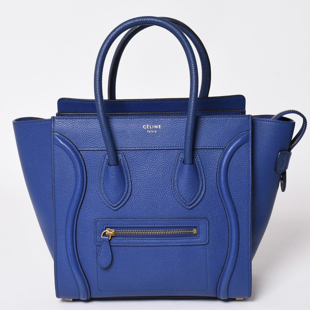極美品 CELINE セリーヌ ラゲージマイクロショッパー ショルダーバッグ ハンドバッグ フィービー期 インディゴブルー マリン カーフスキン スエード ゴールド金具 廃盤 中古 4a002942