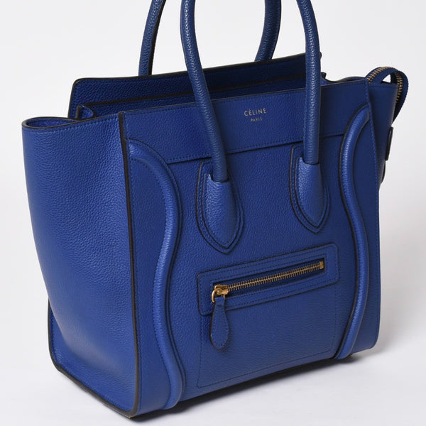 極美品 CELINE セリーヌ ラゲージマイクロショッパー ショルダーバッグ ハンドバッグ フィービー期 インディゴブルー マリン カーフスキン スエード ゴールド金具 廃盤 中古 4a002942
