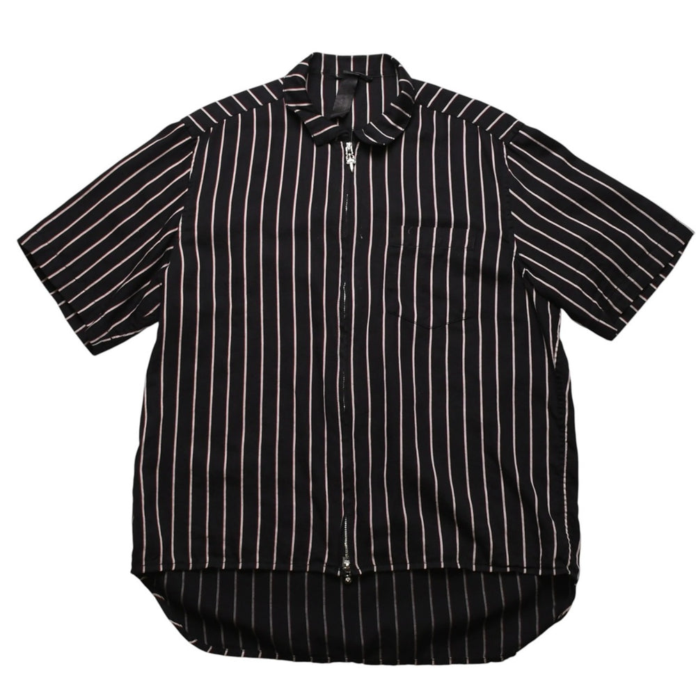 CHROME HEARTS クロムハーツ ジップアップ 半袖シャツ サイズM ダガー クロスボール ストライプ シルバー925 ブラック 美品 中古 4a002528