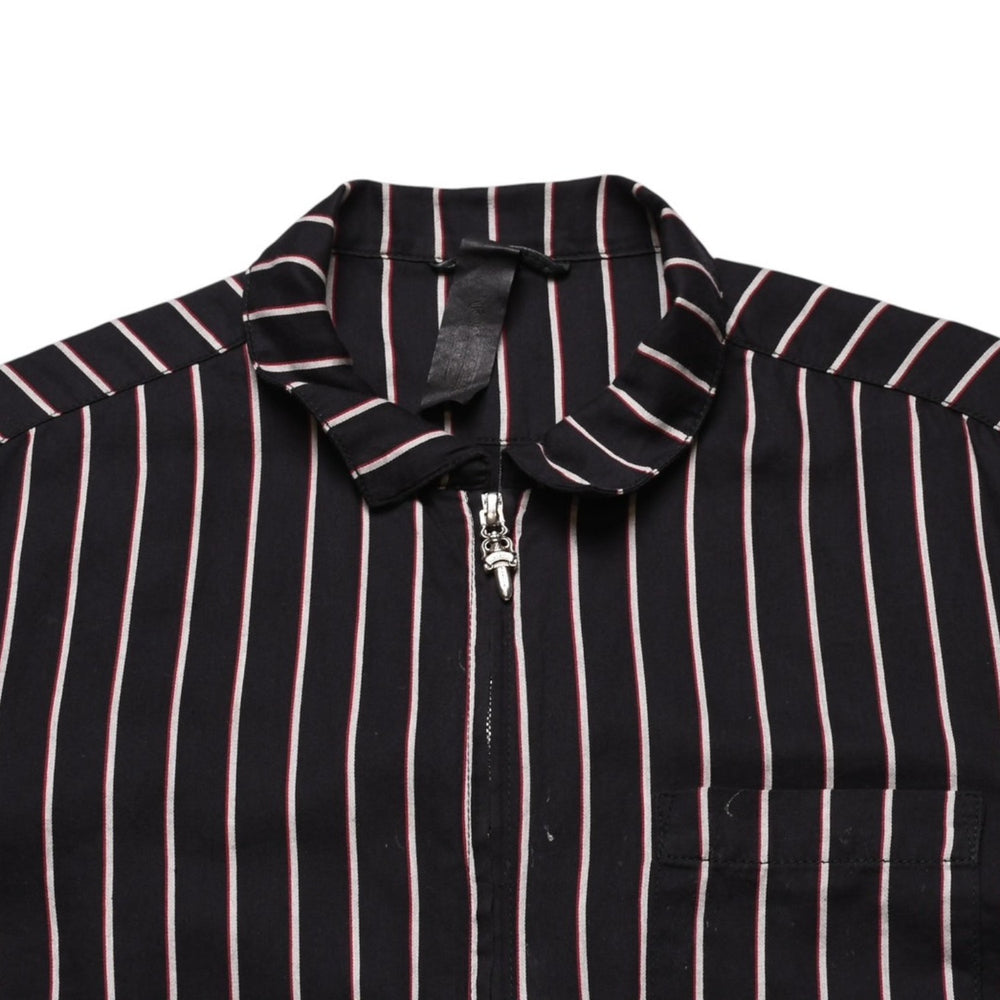 CHROME HEARTS クロムハーツ ジップアップ 半袖シャツ サイズM ダガー クロスボール ストライプ シルバー925 ブラック 美品 中古 4a002528