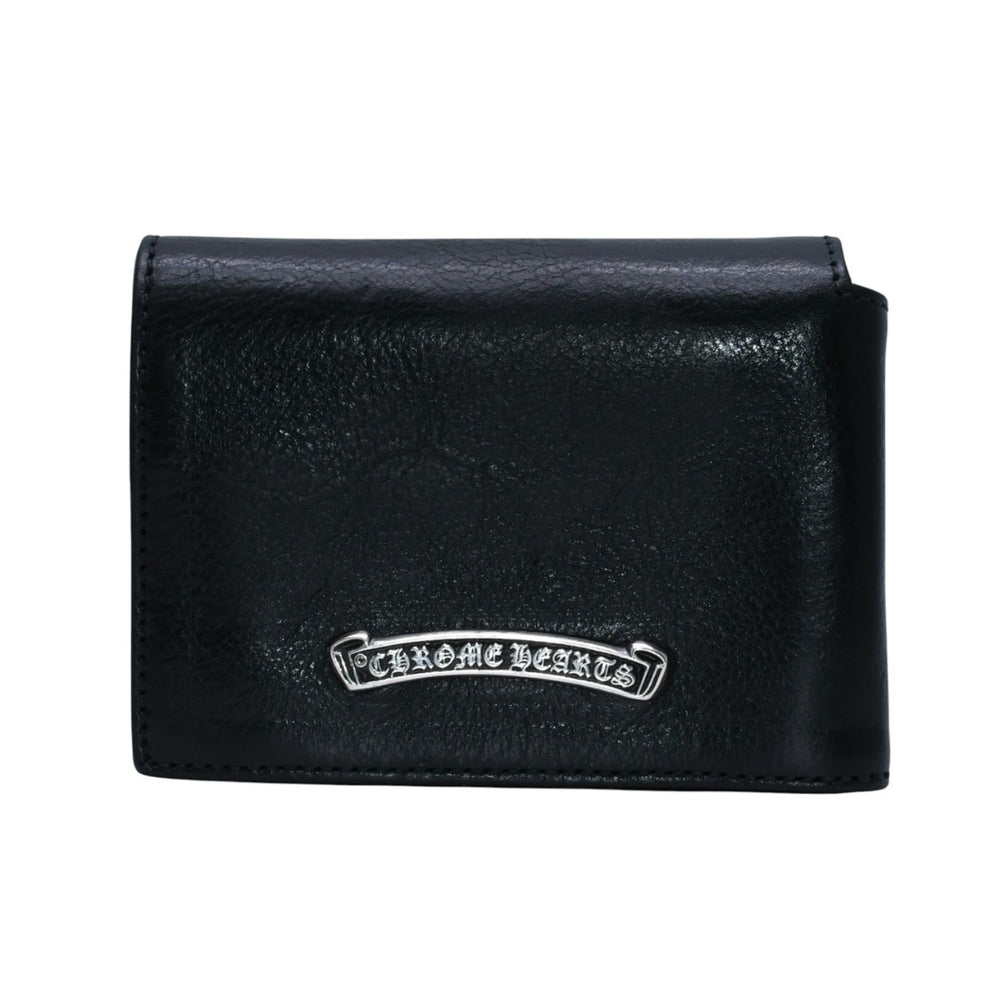 CHROME HEARTS クロムハーツ レザーカードケース 三つ折り スクロールラベルロゴ シルバー925 ブラック 美品 中古 4a002870