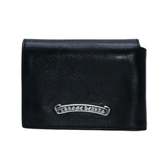 CHROME HEARTS クロムハーツ レザーカードケース 三つ折り スクロールラベルロゴ シルバー925 ブラック 美品 中古 4a002870