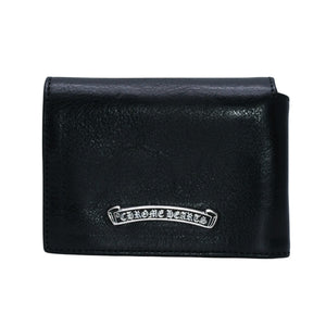 CHROME HEARTS クロムハーツ レザーカードケース 三つ折り スクロールラベルロゴ シルバー925 ブラック 美品 中古 4a002870