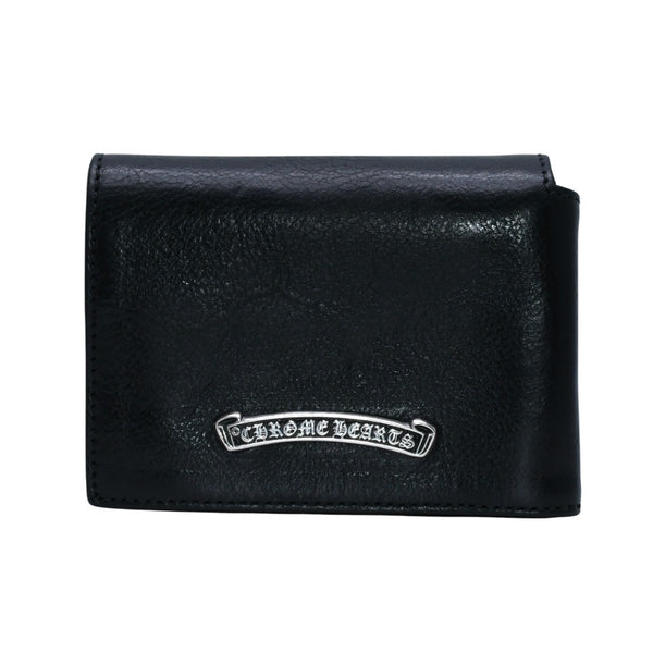 CHROME HEARTS クロムハーツ レザーカードケース 三つ折り スクロールラベルロゴ シルバー925 ブラック 美品 中古 4a002870