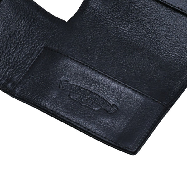 CHROME HEARTS クロムハーツ レザーカードケース 三つ折り スクロールラベルロゴ シルバー925 ブラック 美品 中古 4a002870