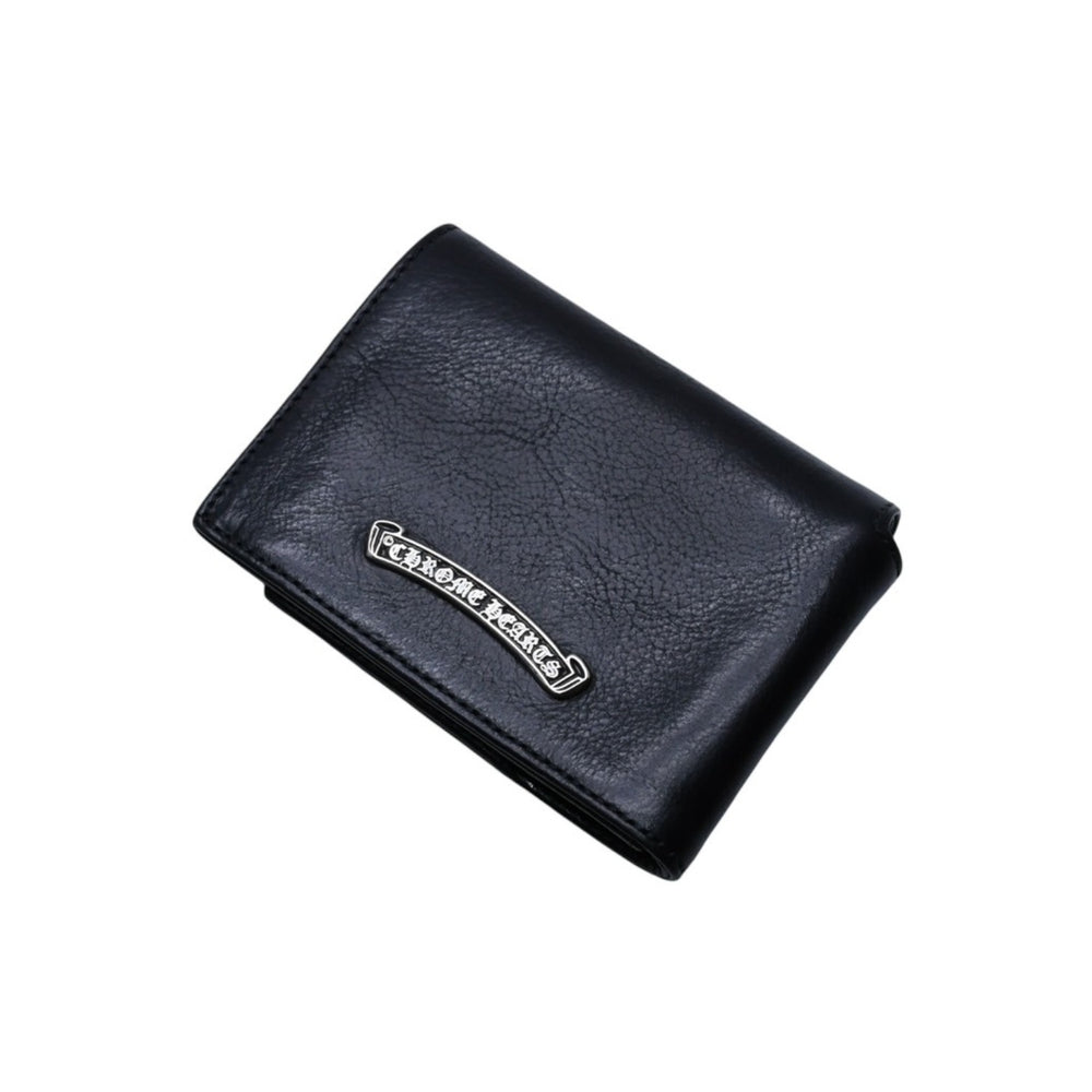 CHROME HEARTS クロムハーツ レザーカードケース 三つ折り スクロールラベルロゴ シルバー925 ブラック 美品 中古 4a002870