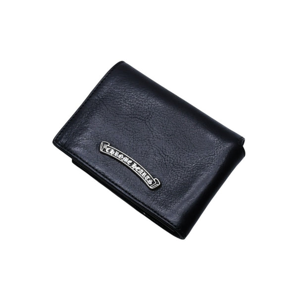 CHROME HEARTS クロムハーツ レザーカードケース 三つ折り スクロールラベルロゴ シルバー925 ブラック 美品 中古 4a002870