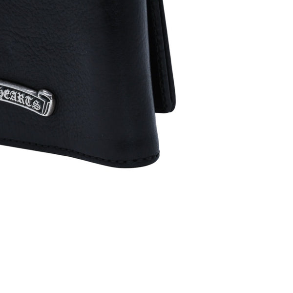 CHROME HEARTS クロムハーツ レザーカードケース 三つ折り スクロールラベルロゴ シルバー925 ブラック 美品 中古 4a002870