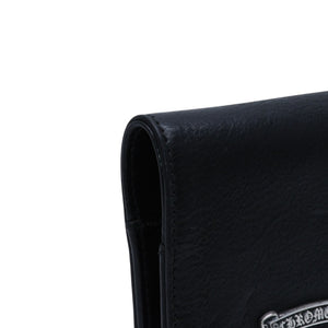 CHROME HEARTS クロムハーツ レザーカードケース 三つ折り スクロールラベルロゴ シルバー925 ブラック 美品 中古 4a002870