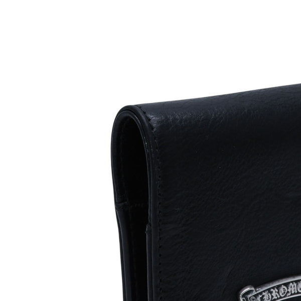 CHROME HEARTS クロムハーツ レザーカードケース 三つ折り スクロールラベルロゴ シルバー925 ブラック 美品 中古 4a002870