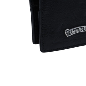CHROME HEARTS クロムハーツ レザーカードケース 三つ折り スクロールラベルロゴ シルバー925 ブラック 美品 中古 4a002870