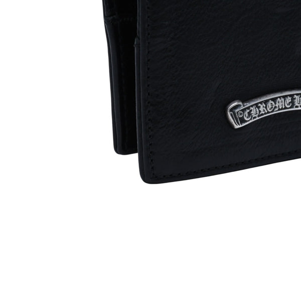 CHROME HEARTS クロムハーツ レザーカードケース 三つ折り スクロールラベルロゴ シルバー925 ブラック 美品 中古 4a002870