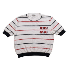 MIUMIU ミュウミュウ 22SS 半袖トップス MML563 サイズ38 クロップド丈 パイル ボーダー柄 ホワイト 美品 中古 4a002560