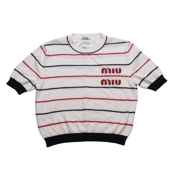 MIUMIU ミュウミュウ 22SS 半袖トップス MML563 サイズ38 クロップド丈 パイル ボーダー柄 ホワイト 美品 中古 4a002560