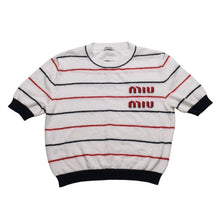 画像をギャラリービューアに読み込む, MIUMIU ミュウミュウ 22SS 半袖トップス MML563 サイズ38 クロップド丈 パイル ボーダー柄 ホワイト 美品 中古 4a002560