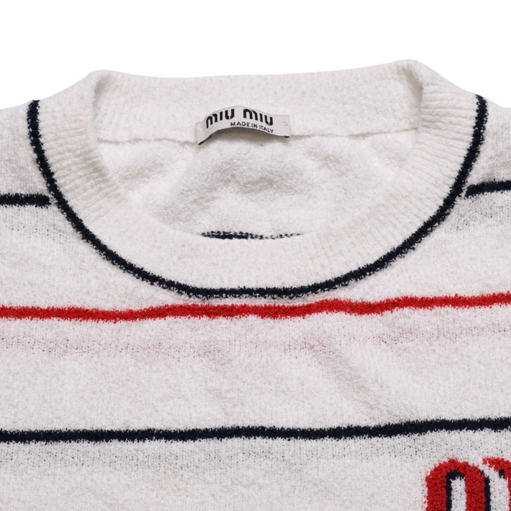 MIUMIU 22SS Short Sleeve Tops MML563 Size 38 Cropped Length Pile Border Pattern White Good Condition Used 4a002560