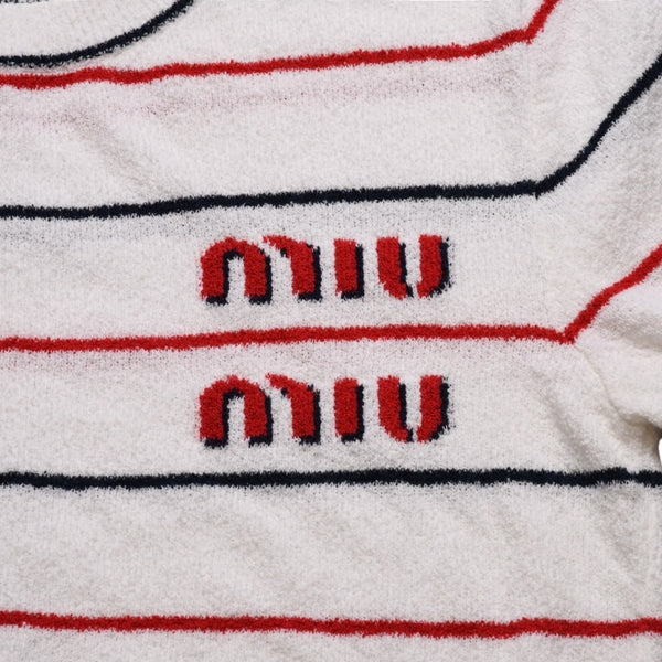 MIUMIU ミュウミュウ 22SS 半袖トップス MML563 サイズ38 クロップド丈 パイル ボーダー柄 ホワイト 美品 中古 4a002560