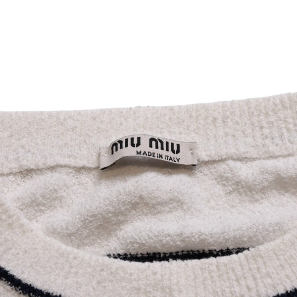MIUMIU ミュウミュウ 22SS 半袖トップス MML563 サイズ38 クロップド丈 パイル ボーダー柄 ホワイト 美品 中古 4a002560