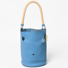 Very Good Condition HERMES Manjoir PM Handbag Blue Jean Taurillon Clemence Drawstring Type K Engraved Silver Hardware Used 4a002906