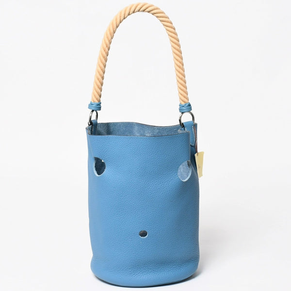Very Good Condition HERMES Manjoir PM Handbag Blue Jean Taurillon Clemence Drawstring Type K Engraved Silver Hardware Used 4a002906