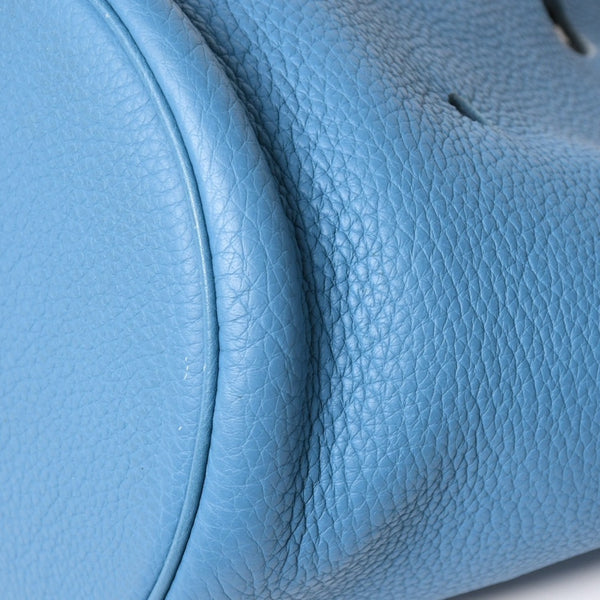 Very Good Condition HERMES Manjoir PM Handbag Blue Jean Taurillon Clemence Drawstring Type K Engraved Silver Hardware Used 4a002906