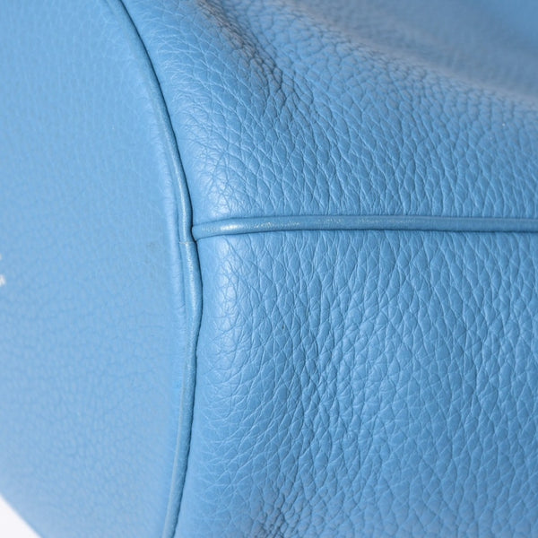 Very Good Condition HERMES Manjoir PM Handbag Blue Jean Taurillon Clemence Drawstring Type K Engraved Silver Hardware Used 4a002906