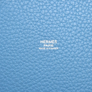 Very Good Condition HERMES Manjoir PM Handbag Blue Jean Taurillon Clemence Drawstring Type K Engraved Silver Hardware Used 4a002906