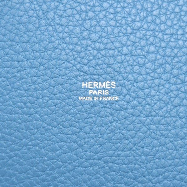 Very Good Condition HERMES Manjoir PM Handbag Blue Jean Taurillon Clemence Drawstring Type K Engraved Silver Hardware Used 4a002906