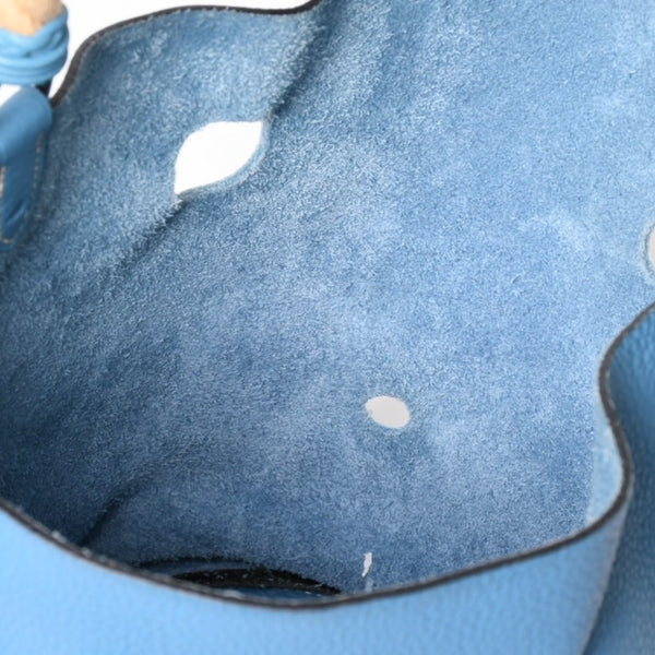Very Good Condition HERMES Manjoir PM Handbag Blue Jean Taurillon Clemence Drawstring Type K Engraved Silver Hardware Used 4a002906