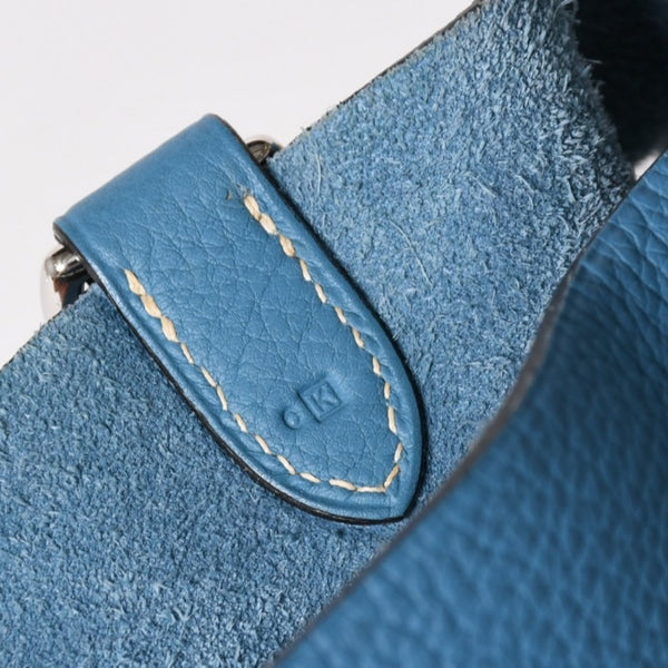 Very Good Condition HERMES Manjoir PM Handbag Blue Jean Taurillon Clemence Drawstring Type K Engraved Silver Hardware Used 4a002906
