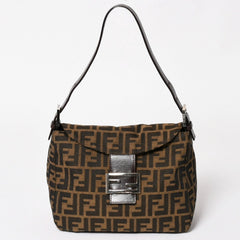 Very Good Condition FENDI Mamma Bucket One Shoulder Bag 2228 26425 Brown Zucca Pattern Silver Hardware Used 4a003218