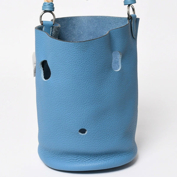 Very Good Condition HERMES Manjoir PM Handbag Blue Jean Taurillon Clemence Drawstring Type K Engraved Silver Hardware Used 4a002906