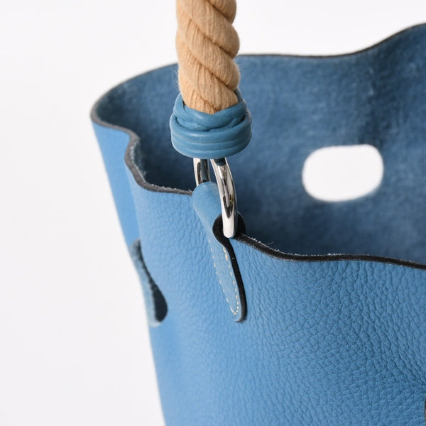 Very Good Condition HERMES Manjoir PM Handbag Blue Jean Taurillon Clemence Drawstring Type K Engraved Silver Hardware Used 4a002906