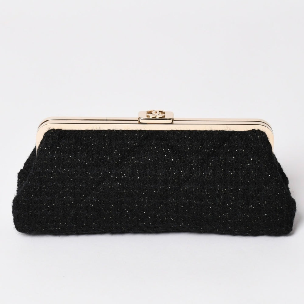 新品未使用 CHANEL シャネル クラッチバック ポーチ 30番台 ココマーク ツイード がま口 ブラック ゴールド ゴールド金具 中古 4a002761