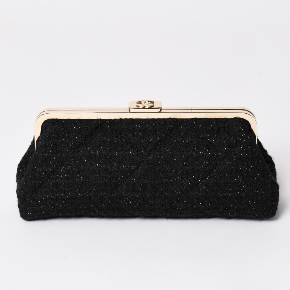新品未使用 CHANEL シャネル クラッチバック ポーチ 30番台 ココマーク ツイード がま口 ブラック ゴールド ゴールド金具 中古 4a002761