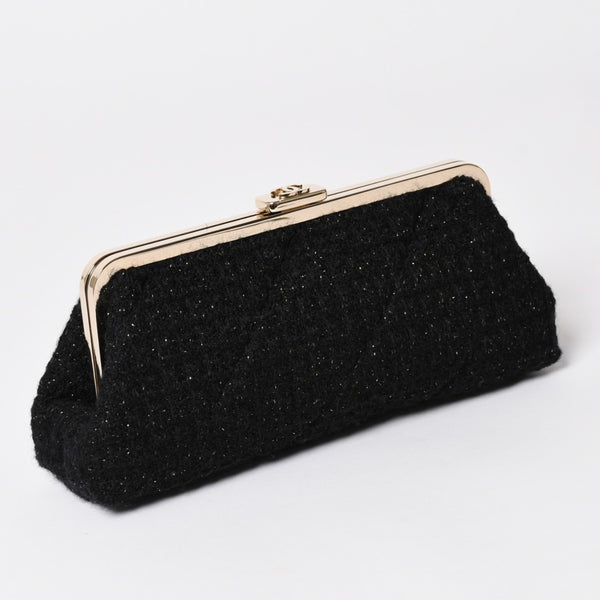 新品未使用 CHANEL シャネル クラッチバック ポーチ 30番台 ココマーク ツイード がま口 ブラック ゴールド ゴールド金具 中古 4a002761