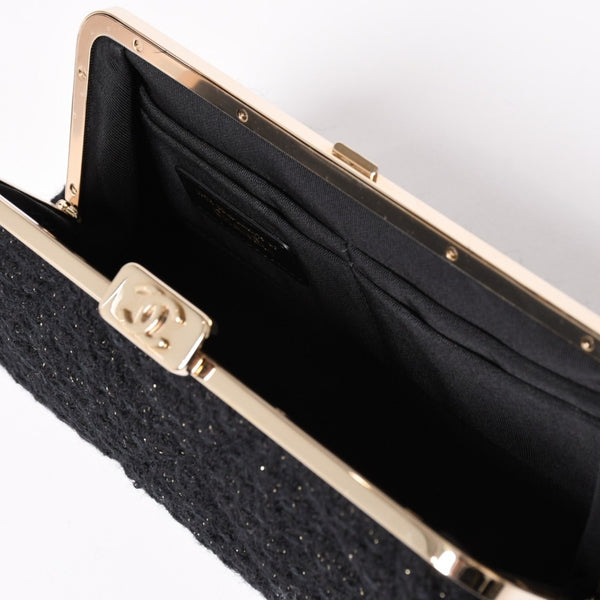 新品未使用 CHANEL シャネル クラッチバック ポーチ 30番台 ココマーク ツイード がま口 ブラック ゴールド ゴールド金具 中古 4a002761