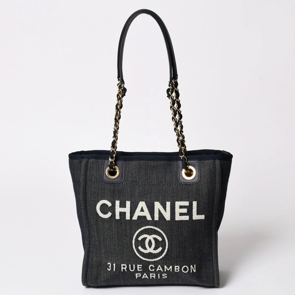 新品同様 CHANEL シャネル ドーヴィルPM チェーントートバッグ ショルダーバッグ デニムキャンバス 17番台 ココマーク レザー ネイビー ゴールド金具 A47001 中古 4a003075