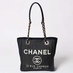 新品同様 CHANEL シャネル ドーヴィルPM チェーントートバッグ ショルダーバッグ デニムキャンバス 17番台 ココマーク レザー ネイビー ゴールド金具 A47001 中古 4a003075