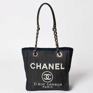 新品同様 CHANEL シャネル ドーヴィルPM チェーントートバッグ ショルダーバッグ デニムキャンバス 17番台 ココマーク レザー ネイビー ゴールド金具 A47001 中古 4a003075