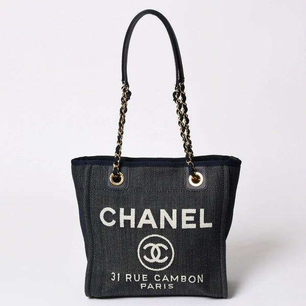 新品同様 CHANEL シャネル ドーヴィルPM チェーントートバッグ ショルダーバッグ デニムキャンバス 17番台 ココマーク レザー ネイビー ゴールド金具 A47001 中古 4a003075