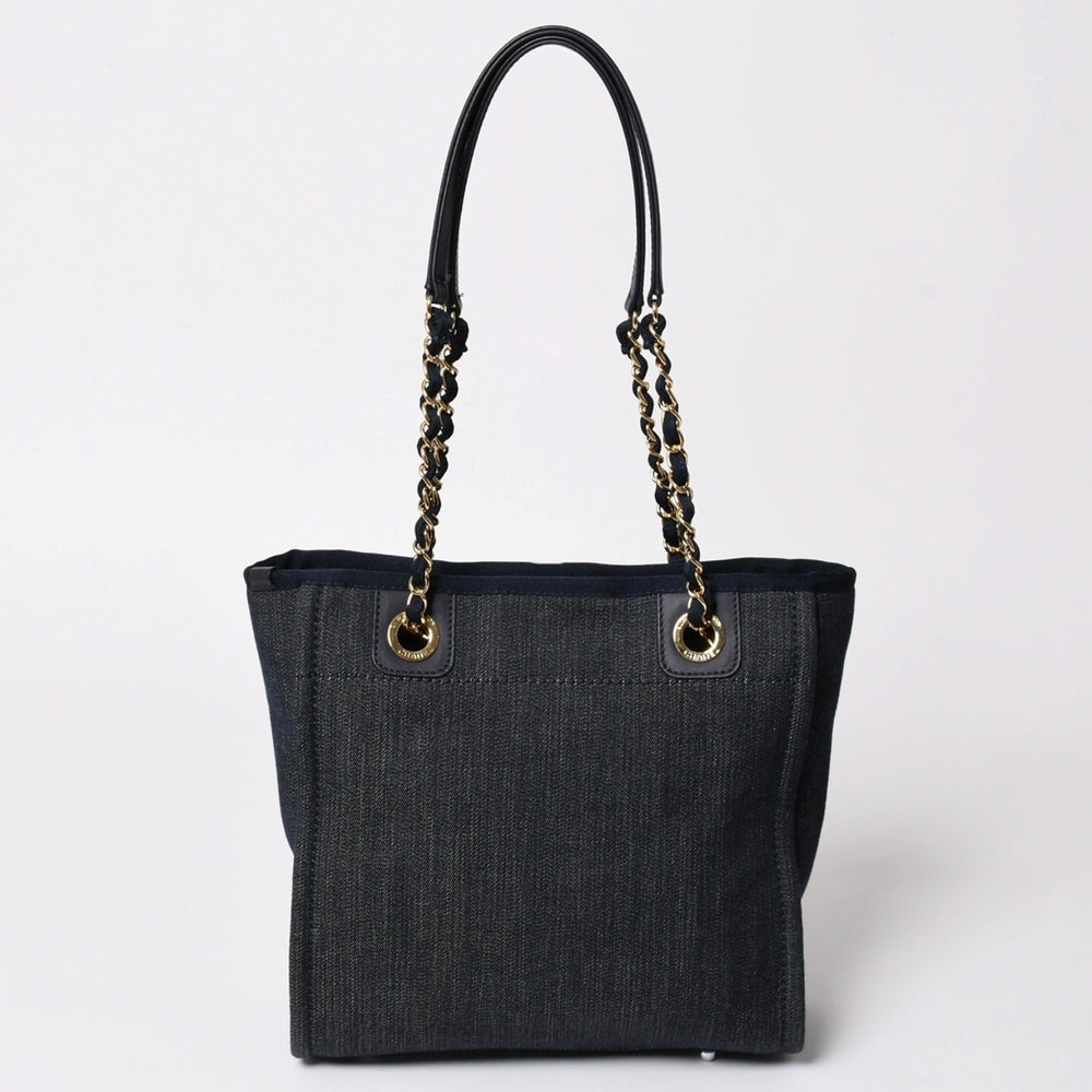 新品同様 CHANEL シャネル ドーヴィルPM チェーントートバッグ ショルダーバッグ デニムキャンバス 17番台 ココマーク レザー ネイビー ゴールド金具 A47001 中古 4a003075