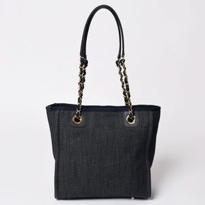 新品同様 CHANEL シャネル ドーヴィルPM チェーントートバッグ ショルダーバッグ デニムキャンバス 17番台 ココマーク レザー ネイビー ゴールド金具 A47001 中古 4a003075