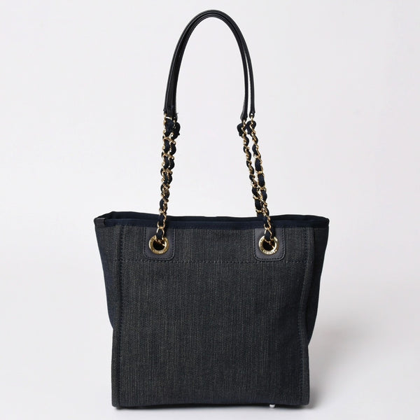 新品同様 CHANEL シャネル ドーヴィルPM チェーントートバッグ ショルダーバッグ デニムキャンバス 17番台 ココマーク レザー ネイビー ゴールド金具 A47001 中古 4a003075