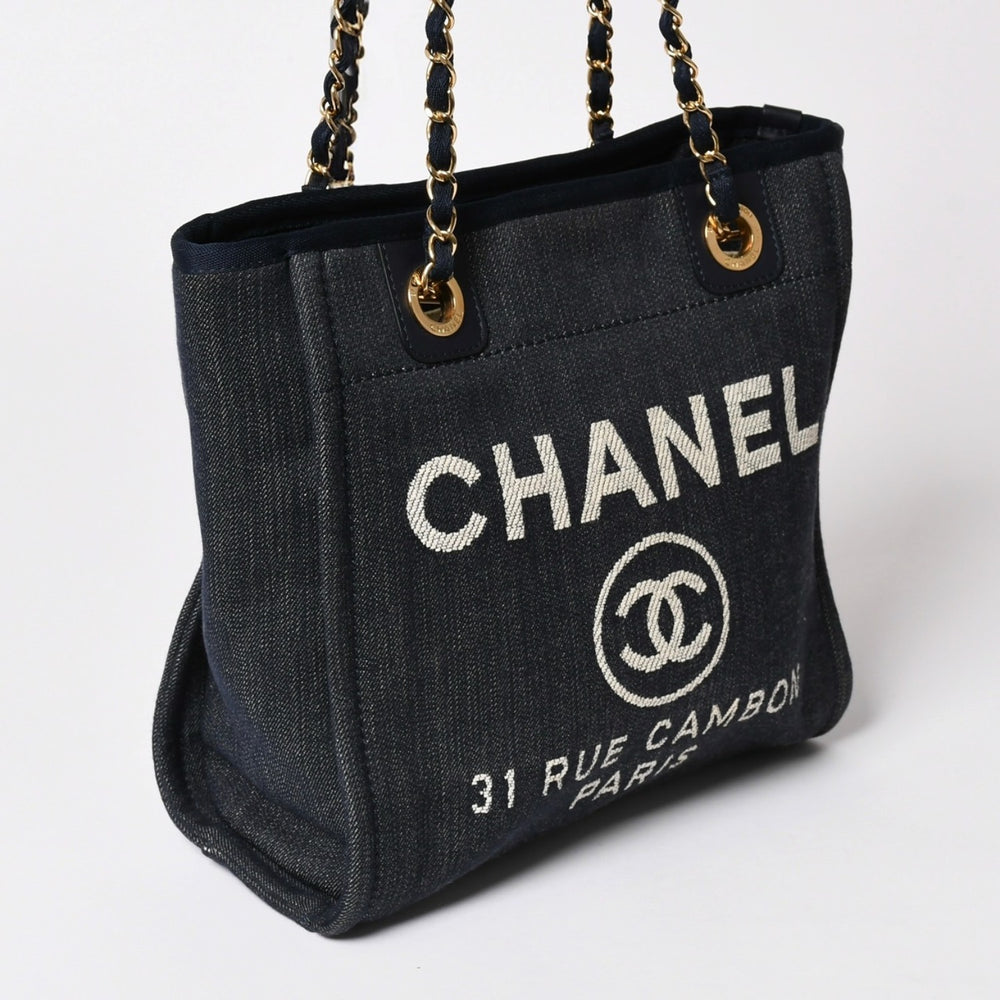 Like new CHANEL Deauville PM Chain Tote Bag Shoulder Bag Denim Canvas No. 17 Coco Mark Leather Navy Gold Hardware A47001 Used 4a003075