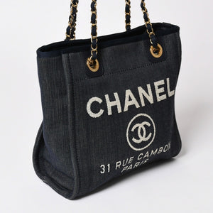 新品同様 CHANEL シャネル ドーヴィルPM チェーントートバッグ ショルダーバッグ デニムキャンバス 17番台 ココマーク レザー ネイビー ゴールド金具 A47001 中古 4a003075