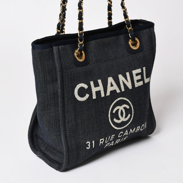 新品同様 CHANEL シャネル ドーヴィルPM チェーントートバッグ ショルダーバッグ デニムキャンバス 17番台 ココマーク レザー ネイビー ゴールド金具 A47001 中古 4a003075