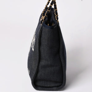 新品同様 CHANEL シャネル ドーヴィルPM チェーントートバッグ ショルダーバッグ デニムキャンバス 17番台 ココマーク レザー ネイビー ゴールド金具 A47001 中古 4a003075