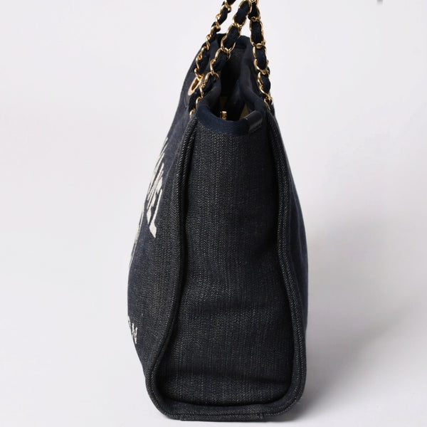 新品同様 CHANEL シャネル ドーヴィルPM チェーントートバッグ ショルダーバッグ デニムキャンバス 17番台 ココマーク レザー ネイビー ゴールド金具 A47001 中古 4a003075